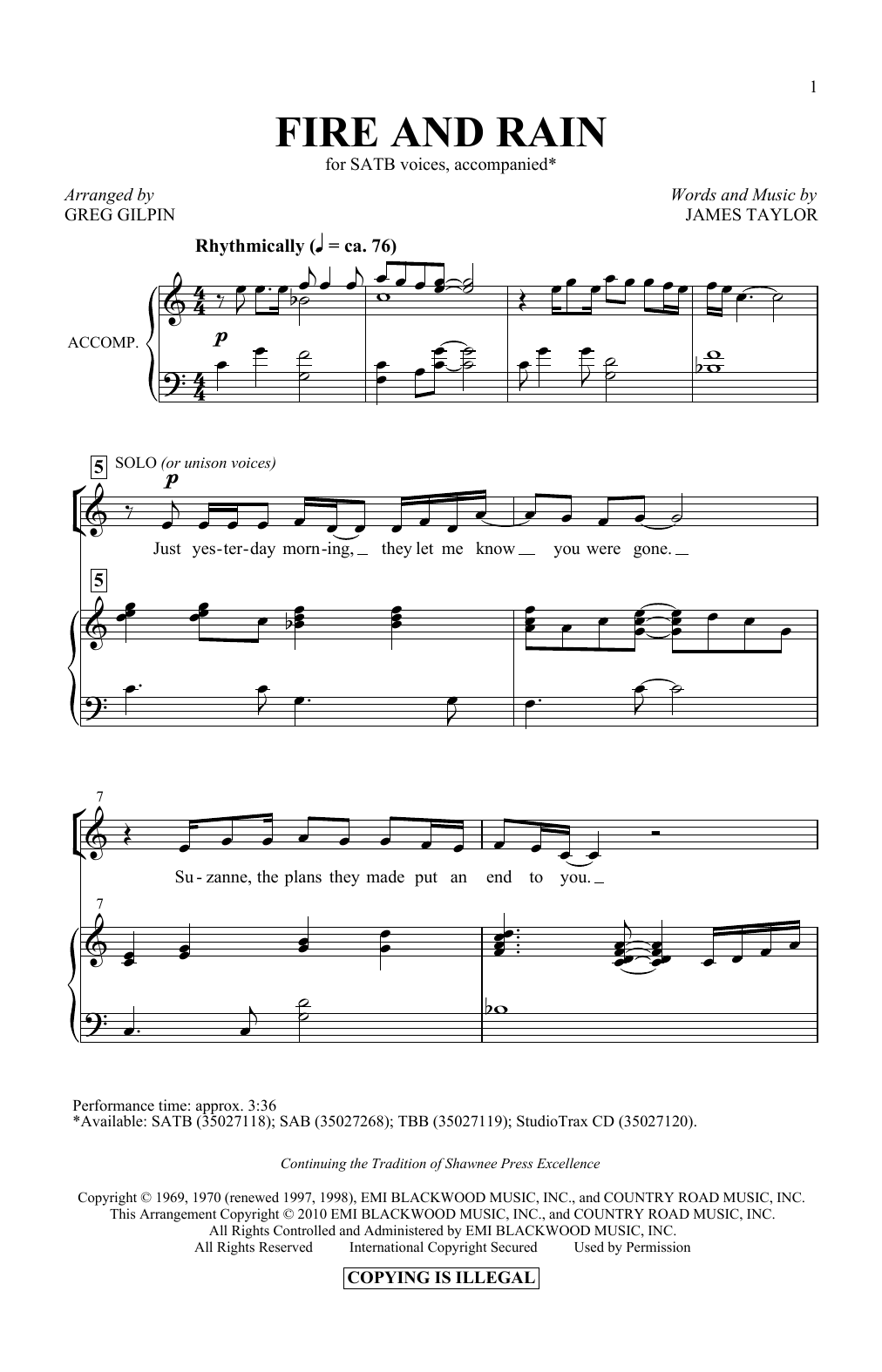 James Taylor Fire And Rain (arr. Greg Gilpin) sheet music notes and chords. Download Printable PDF.