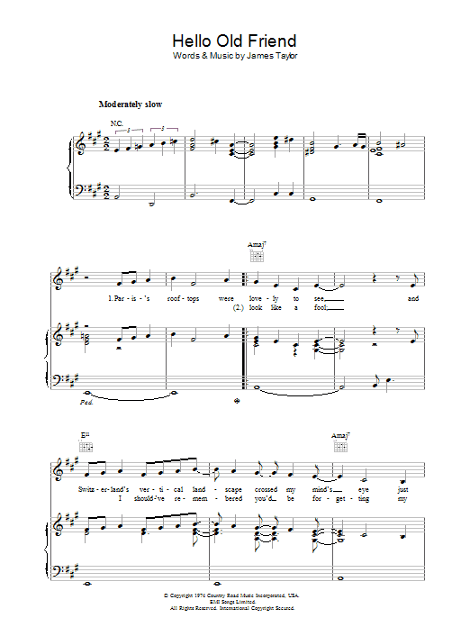 Learn to play James Taylor Hello Old Friend sheet music for Piano, Vocal & Guitar Chords in minutes. Price: 7.8900$ James Taylor Hello Old Friend sheet music notes and chords arranged for Piano, Vocal & Guitar Chords