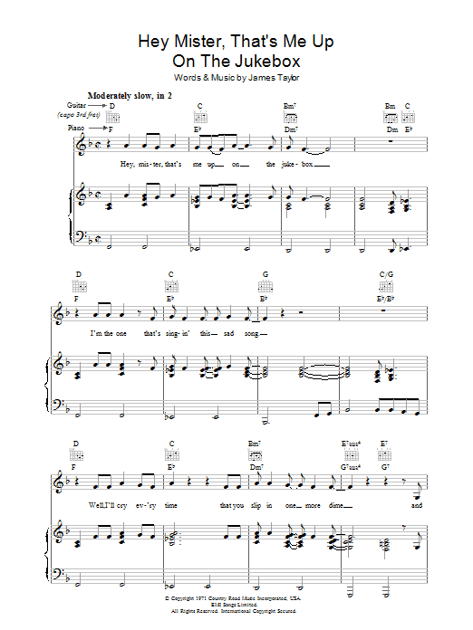Learn to play James Taylor Hey Mister That's Me Up On The Jukebox sheet music for Piano, Vocal & Guitar Chords in minutes. Price: 7.8900$ James Taylor Hey Mister That's Me Up On The Jukebox sheet music notes and chords arranged for Piano, Vocal & Guitar Chords