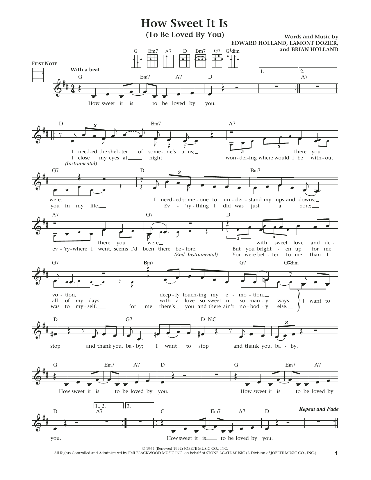 Learn to play James Taylor How Sweet It Is (To Be Loved By You) (from The Daily Ukulele) (arr. Liz and Jim Beloff) sheet music for Ukulele in minutes. Price: 5.9900$ James Taylor How Sweet It Is (To Be Loved By You) (from The Daily Ukulele) (arr. Liz and Jim Beloff) sheet music notes and chords arranged for Ukulele