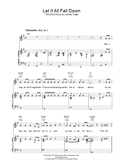 James Taylor Let It All Fall Down sheet music notes and chords arranged for Piano, Vocal & Guitar Chords
