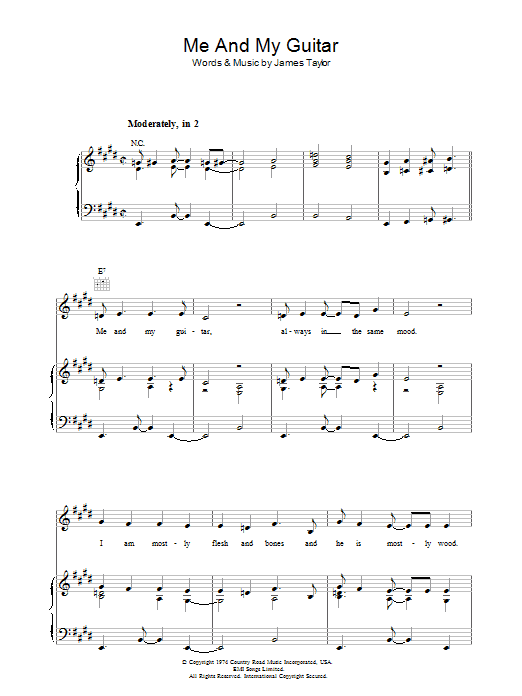 Learn to play James Taylor Me And My Guitar sheet music for Piano, Vocal & Guitar Chords in minutes. Price: 7.8900$ James Taylor Me And My Guitar sheet music notes and chords arranged for Piano, Vocal & Guitar Chords