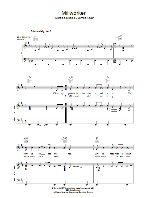 James Taylor Millworker sheet music notes and chords arranged for Piano, Vocal & Guitar Chords
