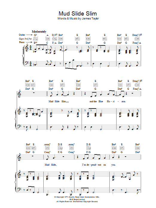 James Taylor Mud Slide Slim sheet music notes and chords arranged for Piano, Vocal & Guitar Chords