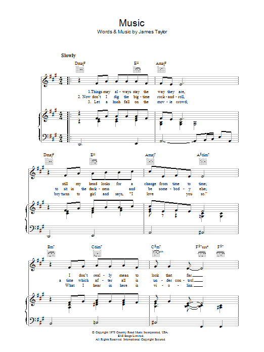 Learn to play James Taylor Music sheet music for Piano, Vocal & Guitar Chords in minutes. Price: 7.8900$ James Taylor Music sheet music notes and chords arranged for Piano, Vocal & Guitar Chords