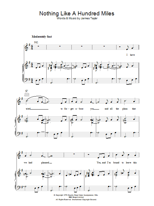 Learn to play James Taylor Nothing Like A Hundred Miles sheet music for Piano, Vocal & Guitar Chords in minutes. Price: 7.8900$ James Taylor Nothing Like A Hundred Miles sheet music notes and chords arranged for Piano, Vocal & Guitar Chords