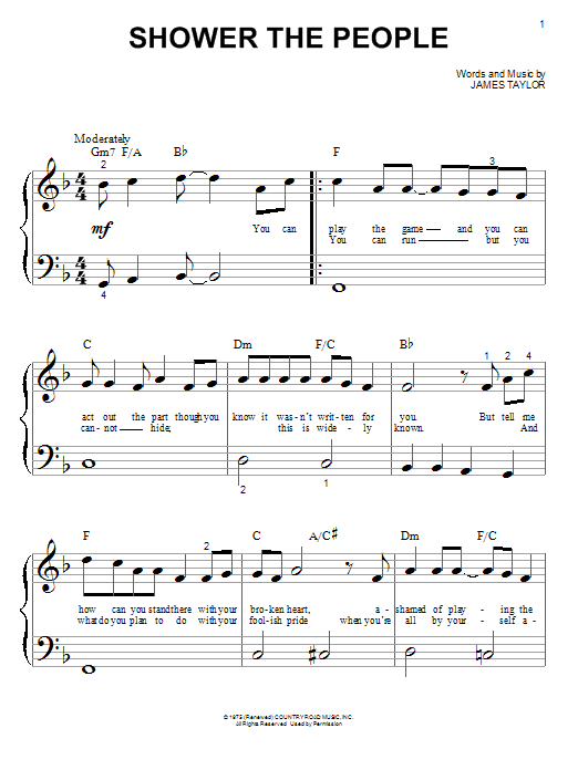 James Taylor Shower The People sheet music notes and chords. Download Printable PDF.