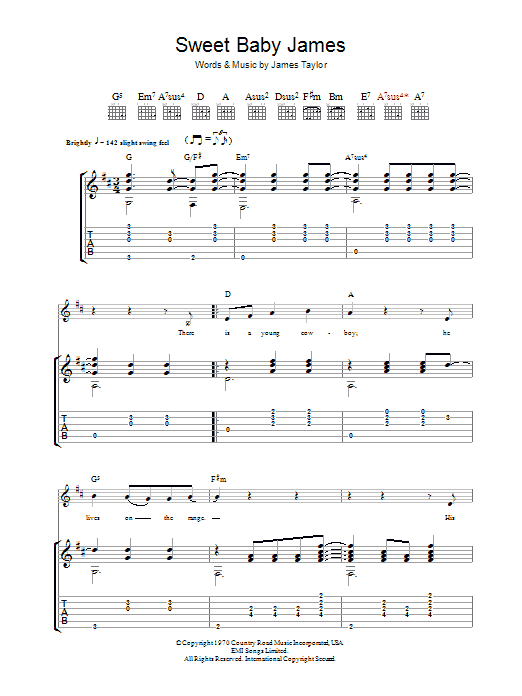 James Taylor Sweet Baby James sheet music notes and chords. Download Printable PDF.