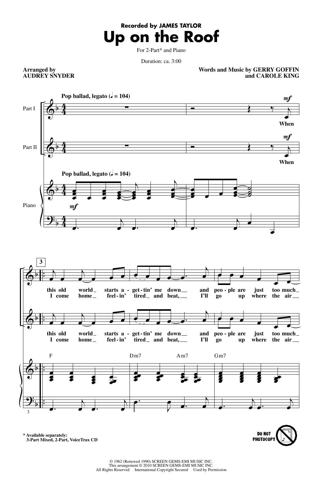 James Taylor Up On The Roof (arr. Audrey Snyder) sheet music notes and chords arranged for 2-Part Choir