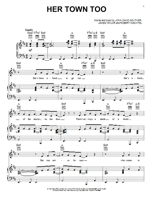 Learn to play James Taylor with J.D. Souther Her Town Too sheet music for Piano, Vocal & Guitar Chords (Right-Hand Melody) in minutes. Price: 7.8900$ James Taylor with J.D. Souther Her Town Too sheet music notes and chords arranged for Piano, Vocal & Guitar Chords (Right-Hand Melody)