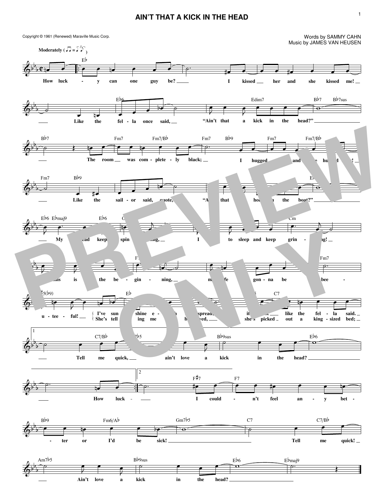 Learn to play James Van Heusen Ain't That A Kick In The Head sheet music for Lead Sheet / Fake Book in minutes. Price: 5.9900$ James Van Heusen Ain't That A Kick In The Head sheet music notes and chords arranged for Lead Sheet / Fake Book