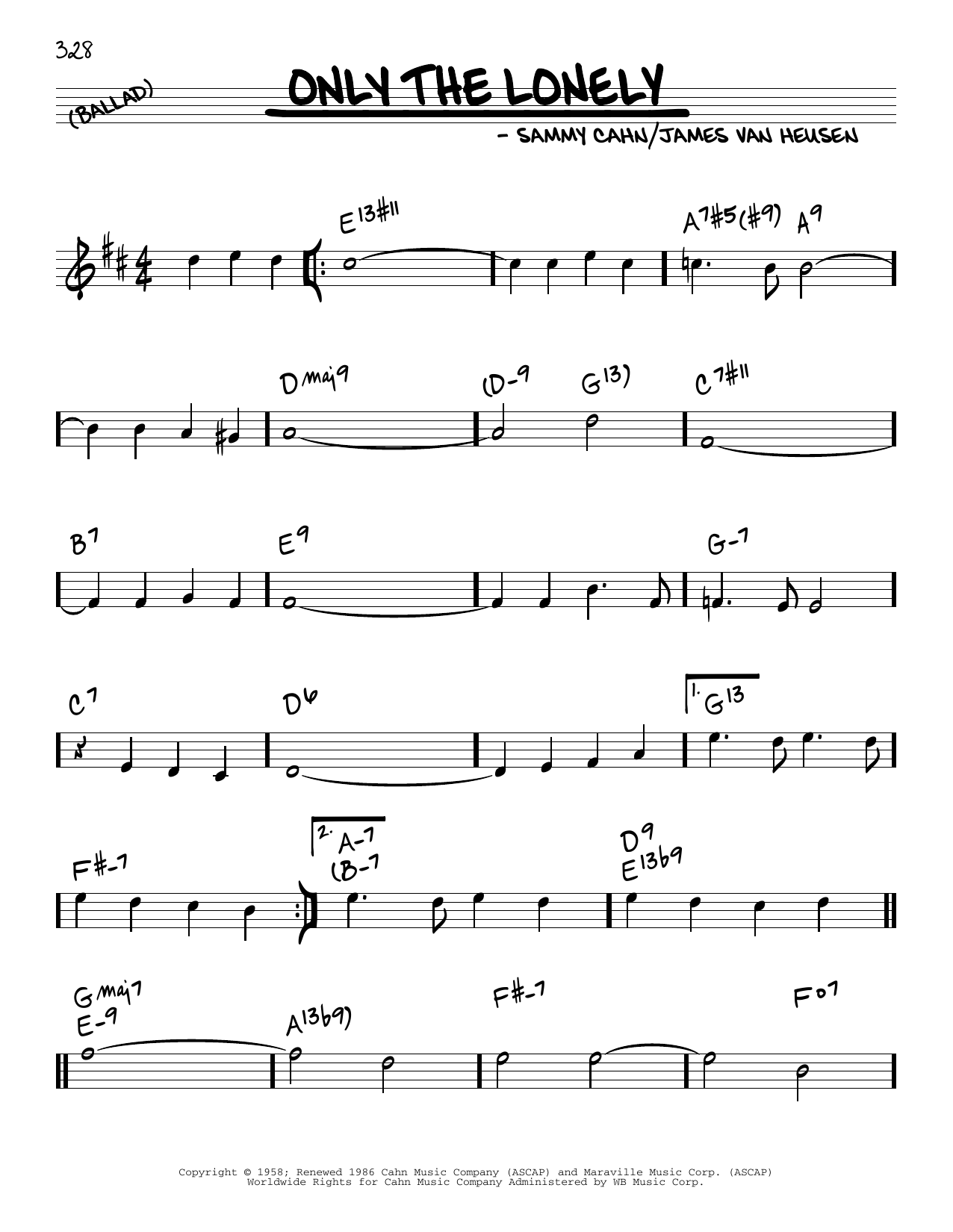 Learn to play James Van Heusen and Sammy Cahn Only The Lonely sheet music for Real Book – Melody & Chords in minutes. Price: 5.9900$ James Van Heusen and Sammy Cahn Only The Lonely sheet music notes and chords arranged for Real Book – Melody & Chords