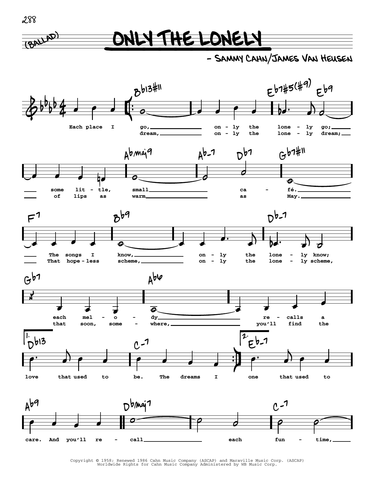 James Van Heusen Only The Lonely (Low Voice) sheet music notes and chords. Download Printable PDF.