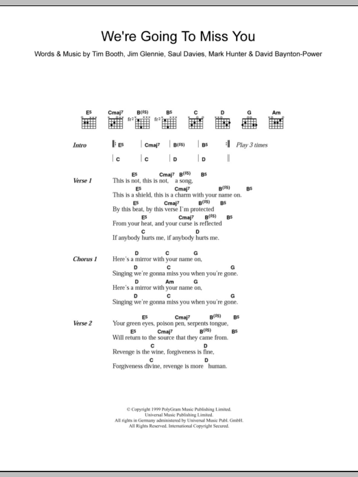 Learn to play James We're Going To Miss You sheet music for Guitar Chords/Lyrics in minutes. Price: 4.4900$ James We're Going To Miss You sheet music notes and chords arranged for Guitar Chords/Lyrics