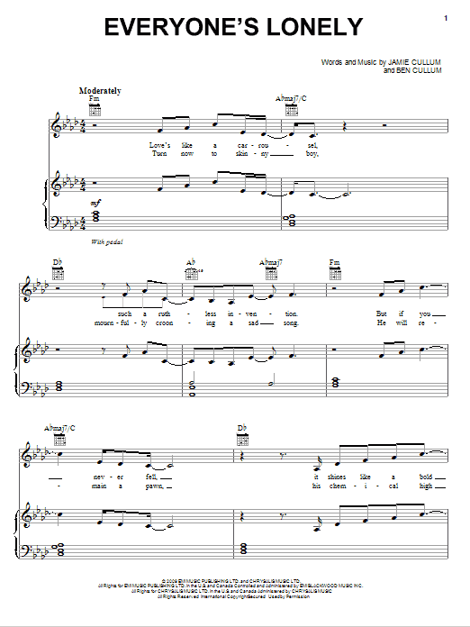 Learn to play Jamie Cullum Everyone's Lonely sheet music for Piano, Vocal & Guitar Chords (Right-Hand Melody) in minutes. Price: 7.8900$ Jamie Cullum Everyone's Lonely sheet music notes and chords arranged for Piano, Vocal & Guitar Chords (Right-Hand Melody)