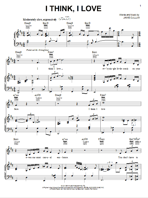 Learn to play Jamie Cullum I Think, I Love sheet music for Piano, Vocal & Guitar Chords (Right-Hand Melody) in minutes. Price: 7.8900$ Jamie Cullum I Think, I Love sheet music notes and chords arranged for Piano, Vocal & Guitar Chords (Right-Hand Melody)