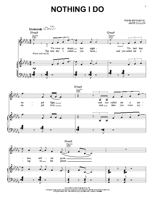 Learn to play Jamie Cullum Nothing I Do sheet music for Piano, Vocal & Guitar Chords in minutes. Price: 7.8900$ Jamie Cullum Nothing I Do sheet music notes and chords arranged for Piano, Vocal & Guitar Chords