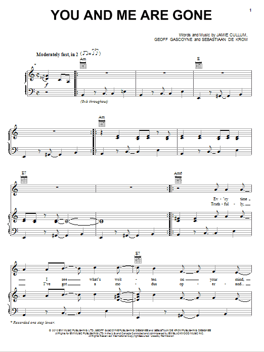 Learn to play Jamie Cullum You And Me Are Gone sheet music for Piano, Vocal & Guitar Chords (Right-Hand Melody) in minutes. Price: 7.8900$ Jamie Cullum You And Me Are Gone sheet music notes and chords arranged for Piano, Vocal & Guitar Chords (Right-Hand Melody)