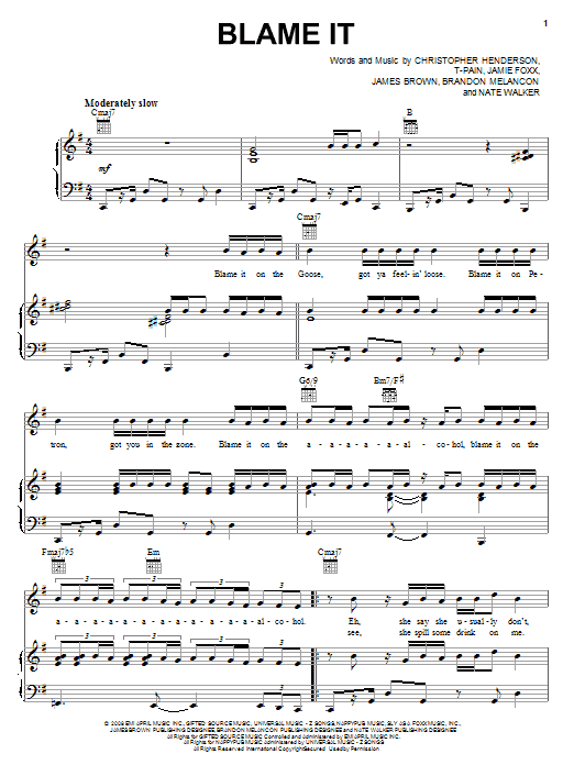 Learn to play Jamie Foxx Blame It (feat. T-Pain) sheet music for Piano, Vocal & Guitar Chords (Right-Hand Melody) in minutes. Price: 7.8900$ Jamie Foxx Blame It (feat. T-Pain) sheet music notes and chords arranged for Piano, Vocal & Guitar Chords (Right-Hand Melody)