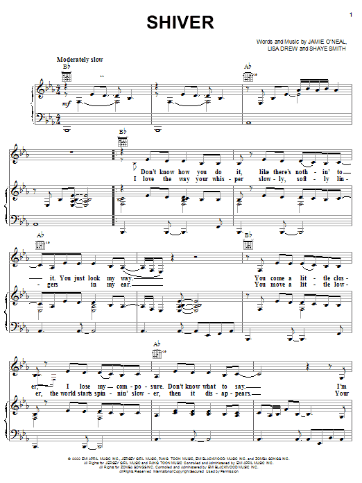 Learn to play Jamie O'Neal Shiver sheet music for Piano, Vocal & Guitar Chords (Right-Hand Melody) in minutes. Price: 7.8900$ Jamie O'Neal Shiver sheet music notes and chords arranged for Piano, Vocal & Guitar Chords (Right-Hand Melody)