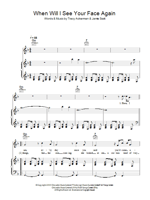 Jamie Scott and The Town When Will I See Your Face Again sheet music notes and chords arranged for Piano, Vocal & Guitar Chords