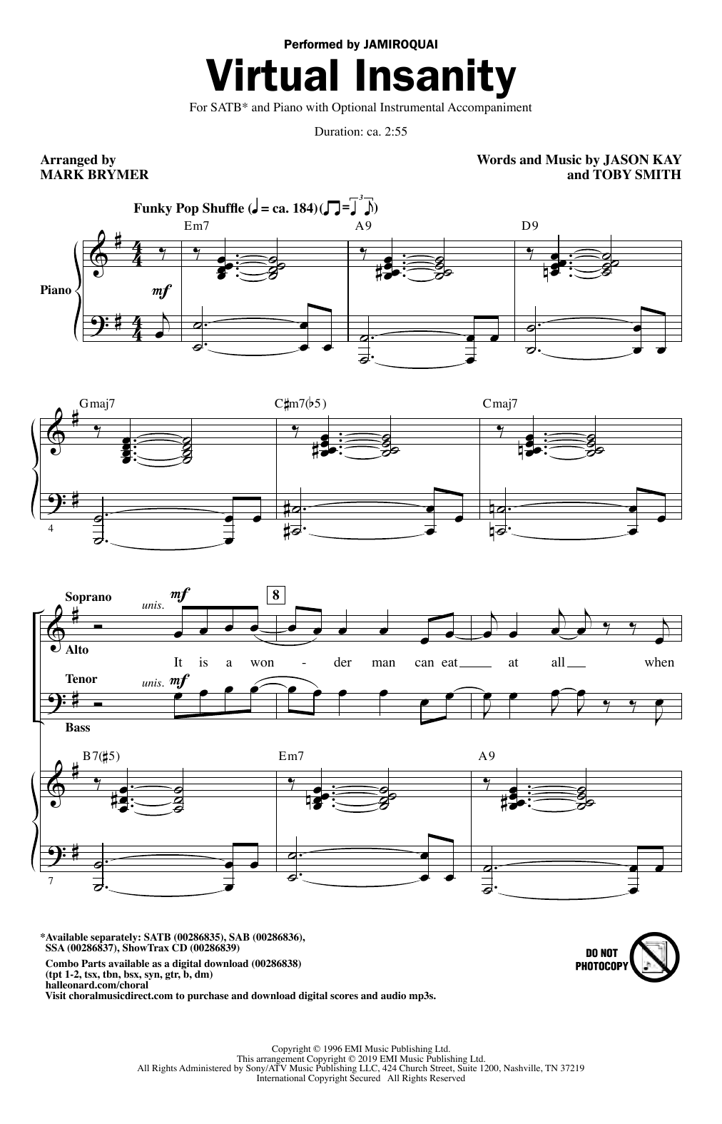 Jamiroquai Virtual Insanity (arr. Mark Brymer) sheet music notes and chords. Download Printable PDF.