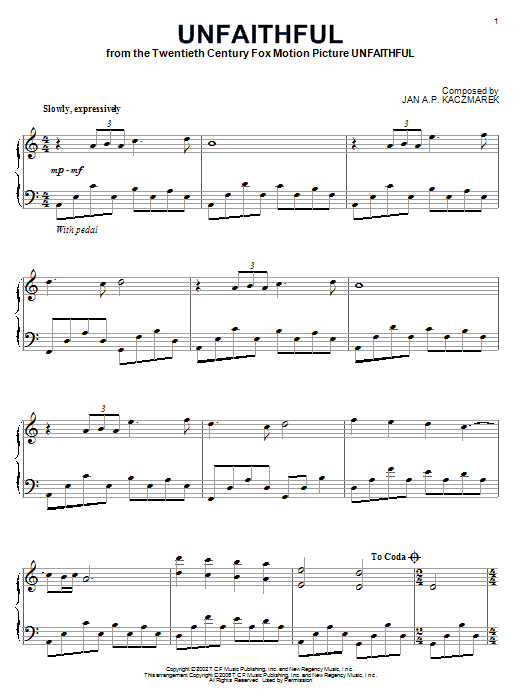 Jan A.P. Kaczmarek Unfaithful sheet music notes and chords. Download Printable PDF.