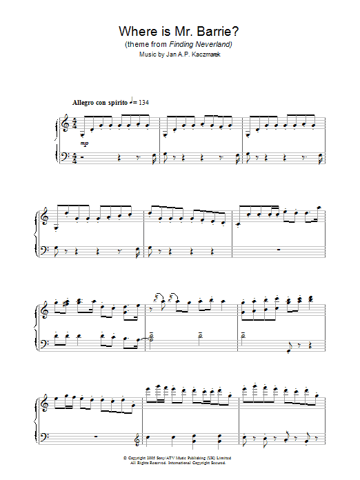 Learn to play Jan A.P. Kaczmarek Where Is Mr. Barrie? (theme from Finding Neverland) sheet music for Piano Solo in minutes. Price: 7.8900$ Jan A.P. Kaczmarek Where Is Mr. Barrie? (theme from Finding Neverland) sheet music notes and chords arranged for Piano Solo