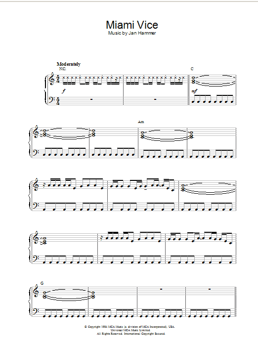 Learn to play Jan Hammer Theme from Miami Vice sheet music for Piano Solo in minutes. Price: 7.8900$ Jan Hammer Theme from Miami Vice sheet music notes and chords arranged for Piano Solo