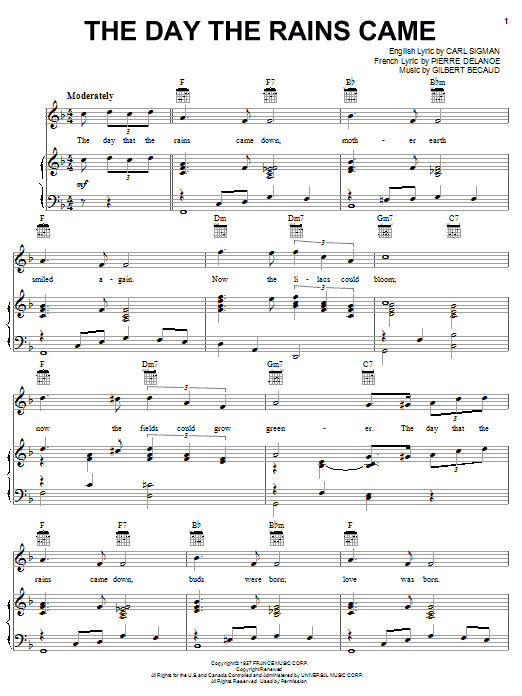 Jane Morgan The Day The Rains Came sheet music notes and chords arranged for Piano, Vocal & Guitar Chords (Right-Hand Melody)