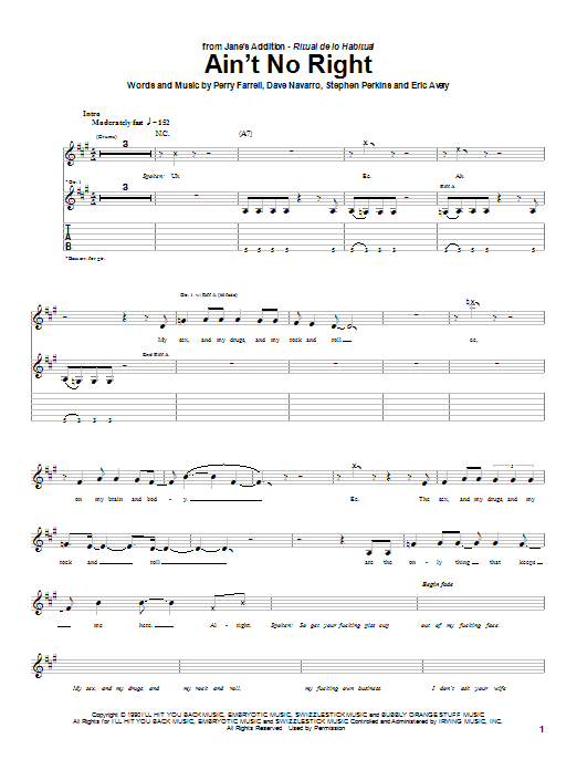 Learn to play Jane's Addiction Ain't No Right sheet music for Guitar Tab in minutes. Price: 7.8900$ Jane's Addiction Ain't No Right sheet music notes and chords arranged for Guitar Tab