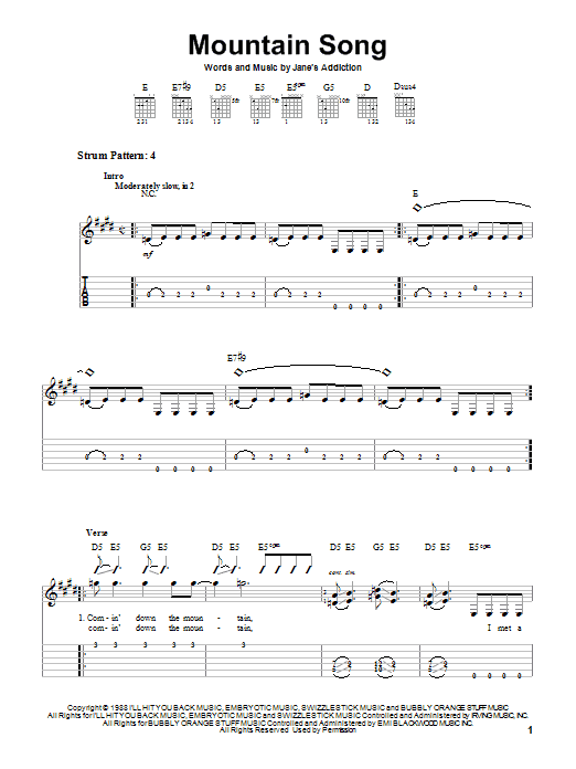 Jane's Addiction Mountain Song sheet music notes and chords. Download Printable PDF.