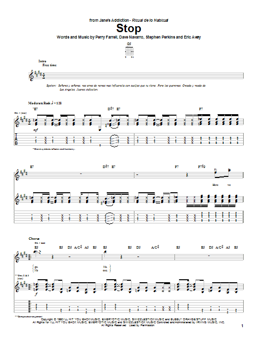 Learn to play Jane's Addiction Stop sheet music for Guitar Tab in minutes. Price: 7.8900$ Jane's Addiction Stop sheet music notes and chords arranged for Guitar Tab