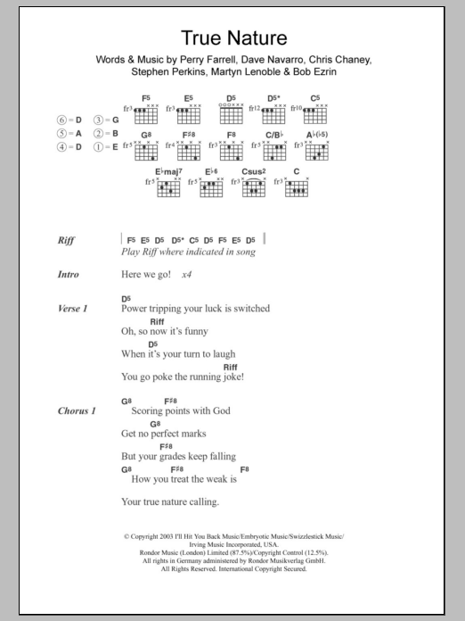 Jane's Addiction True Nature sheet music notes and chords. Download Printable PDF.