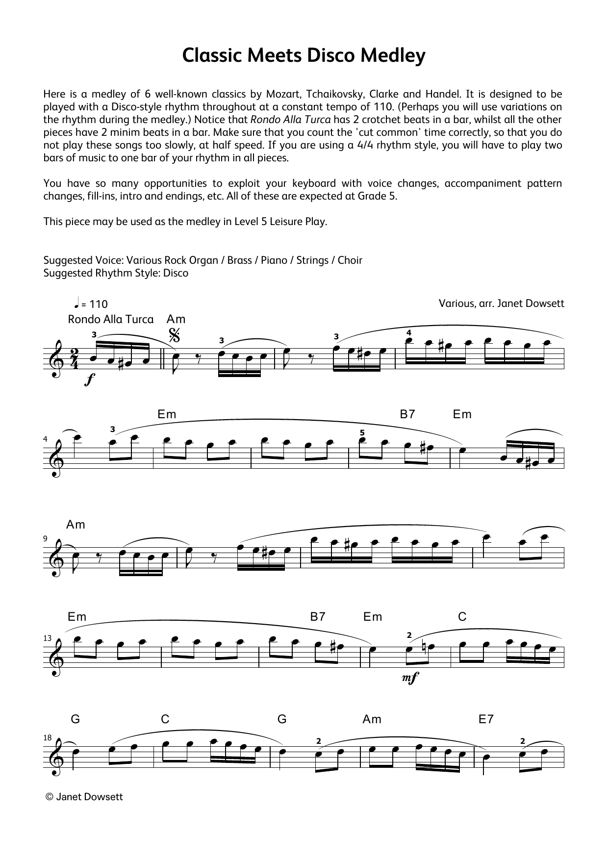 Janet Dowsett Classics Meets Disco Medley (LCME Electronic Keyboard Grade 5 List B & C) sheet music notes and chords. Download Printable PDF.