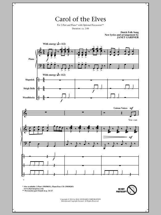 Learn to play Janet Gardner Carol Of The Elves sheet music for 2-Part Choir in minutes. Price: 3.9900$ Janet Gardner Carol Of The Elves sheet music notes and chords arranged for 2-Part Choir