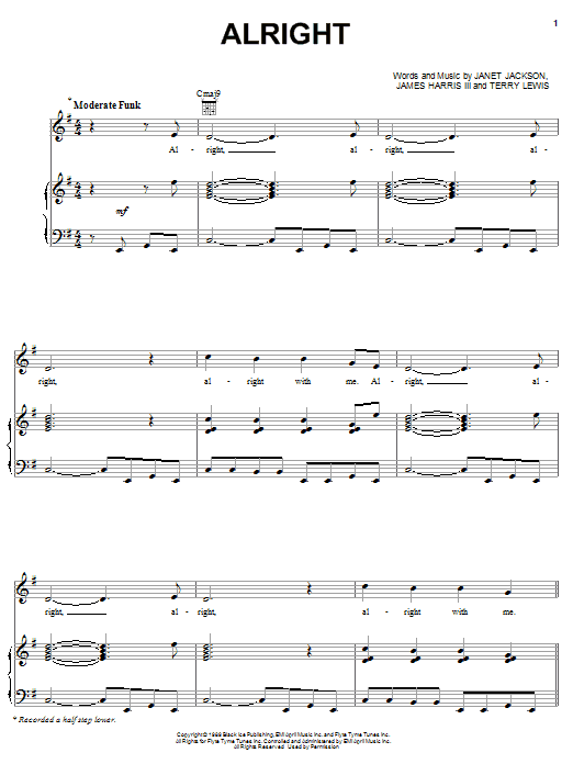 Learn to play Janet Jackson Alright sheet music for Piano, Vocal & Guitar Chords (Right-Hand Melody) in minutes. Price: 7.8900$ Janet Jackson Alright sheet music notes and chords arranged for Piano, Vocal & Guitar Chords (Right-Hand Melody)