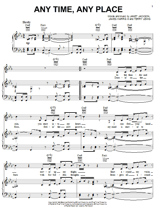 Learn to play Janet Jackson Any Time, Any Place sheet music for Piano, Vocal & Guitar Chords (Right-Hand Melody) in minutes. Price: 7.8900$ Janet Jackson Any Time, Any Place sheet music notes and chords arranged for Piano, Vocal & Guitar Chords (Right-Hand Melody)