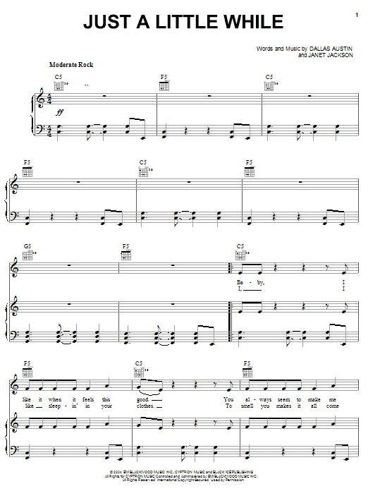 Learn to play Janet Jackson Just A Little While sheet music for Piano, Vocal & Guitar Chords (Right-Hand Melody) in minutes. Price: 7.8900$ Janet Jackson Just A Little While sheet music notes and chords arranged for Piano, Vocal & Guitar Chords (Right-Hand Melody)