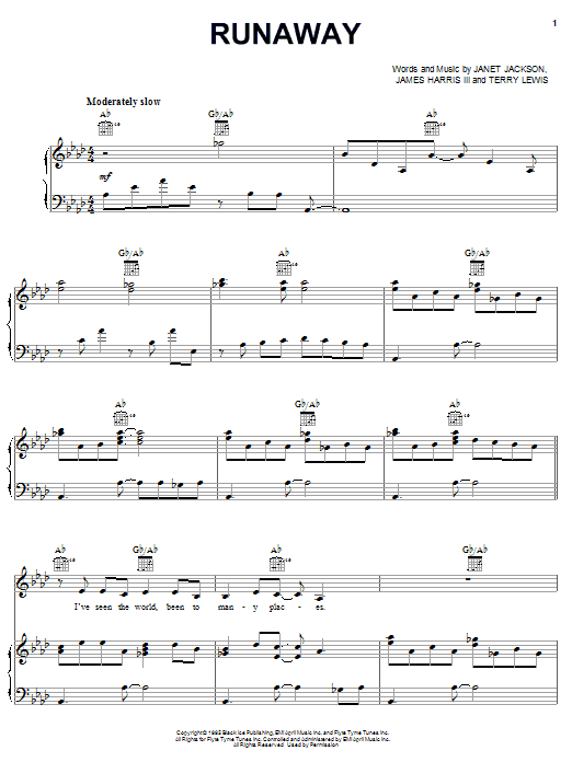 Learn to play Janet Jackson Runaway sheet music for Piano, Vocal & Guitar Chords (Right-Hand Melody) in minutes. Price: 7.8900$ Janet Jackson Runaway sheet music notes and chords arranged for Piano, Vocal & Guitar Chords (Right-Hand Melody)