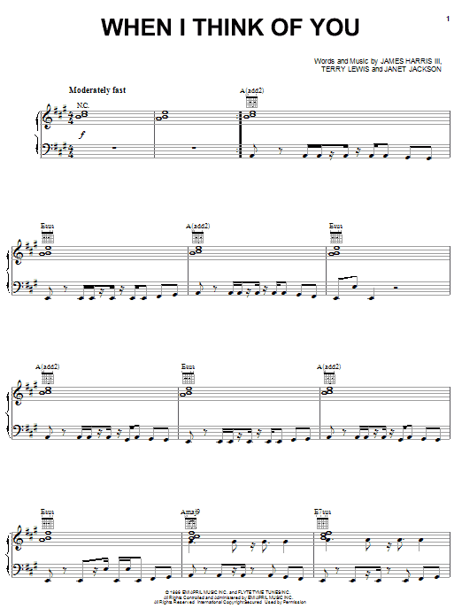 Learn to play Janet Jackson When I Think Of You sheet music for Piano, Vocal & Guitar Chords (Right-Hand Melody) in minutes. Price: 7.8900$ Janet Jackson When I Think Of You sheet music notes and chords arranged for Piano, Vocal & Guitar Chords (Right-Hand Melody)