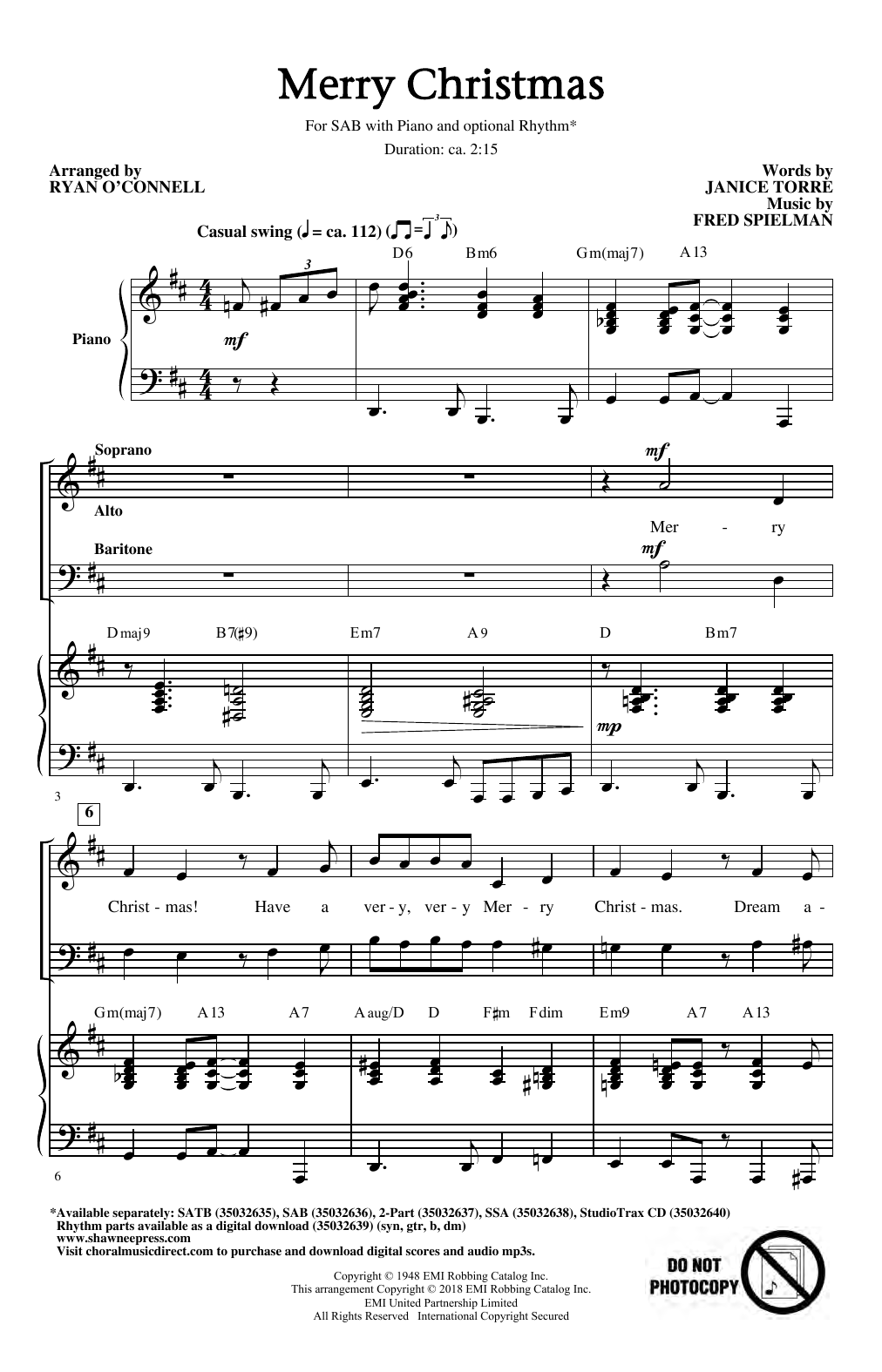 Janice Torre & Fred Spielman Merry Christmas (arr. Ryan O'Connell) sheet music notes and chords. Download Printable PDF.