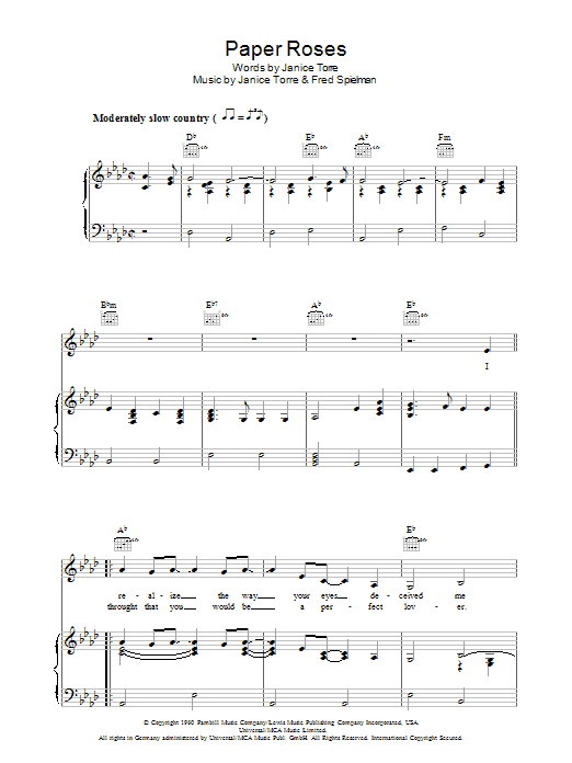 Learn to play Janice Torre Paper Roses sheet music for Piano, Vocal & Guitar Chords in minutes. Price: 7.8900$ Janice Torre Paper Roses sheet music notes and chords arranged for Piano, Vocal & Guitar Chords