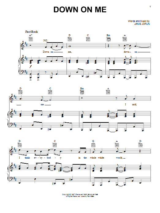 Learn to play Janis Joplin Down On Me (from the musical A Night With Janis Joplin) sheet music for Piano, Vocal & Guitar Chords (Right-Hand Melody) in minutes. Price: 7.8900$ Janis Joplin Down On Me (from the musical A Night With Janis Joplin) sheet music notes and chords arranged for Piano, Vocal & Guitar Chords (Right-Hand Melody)