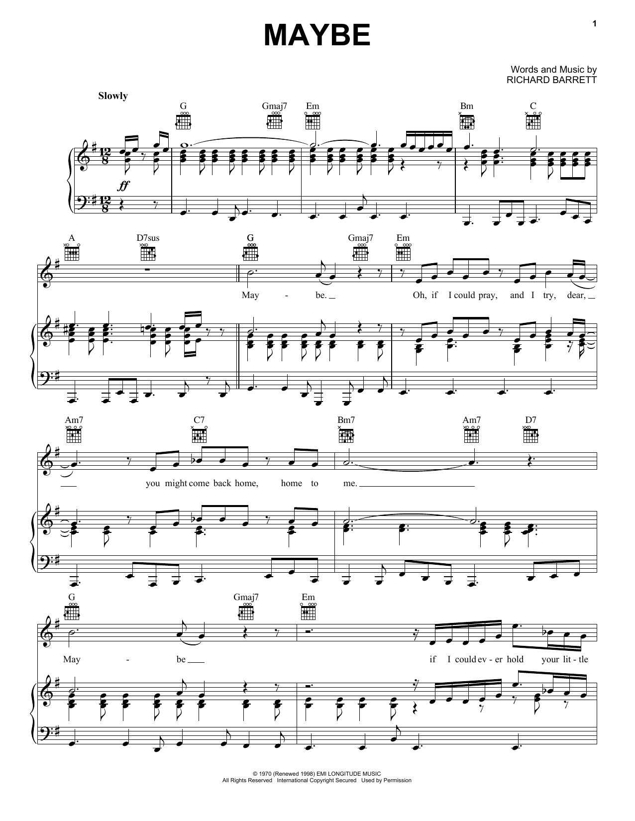 Janis Joplin Maybe (from the musical A Night With Janis Joplin) sheet music notes and chords. Download Printable PDF.