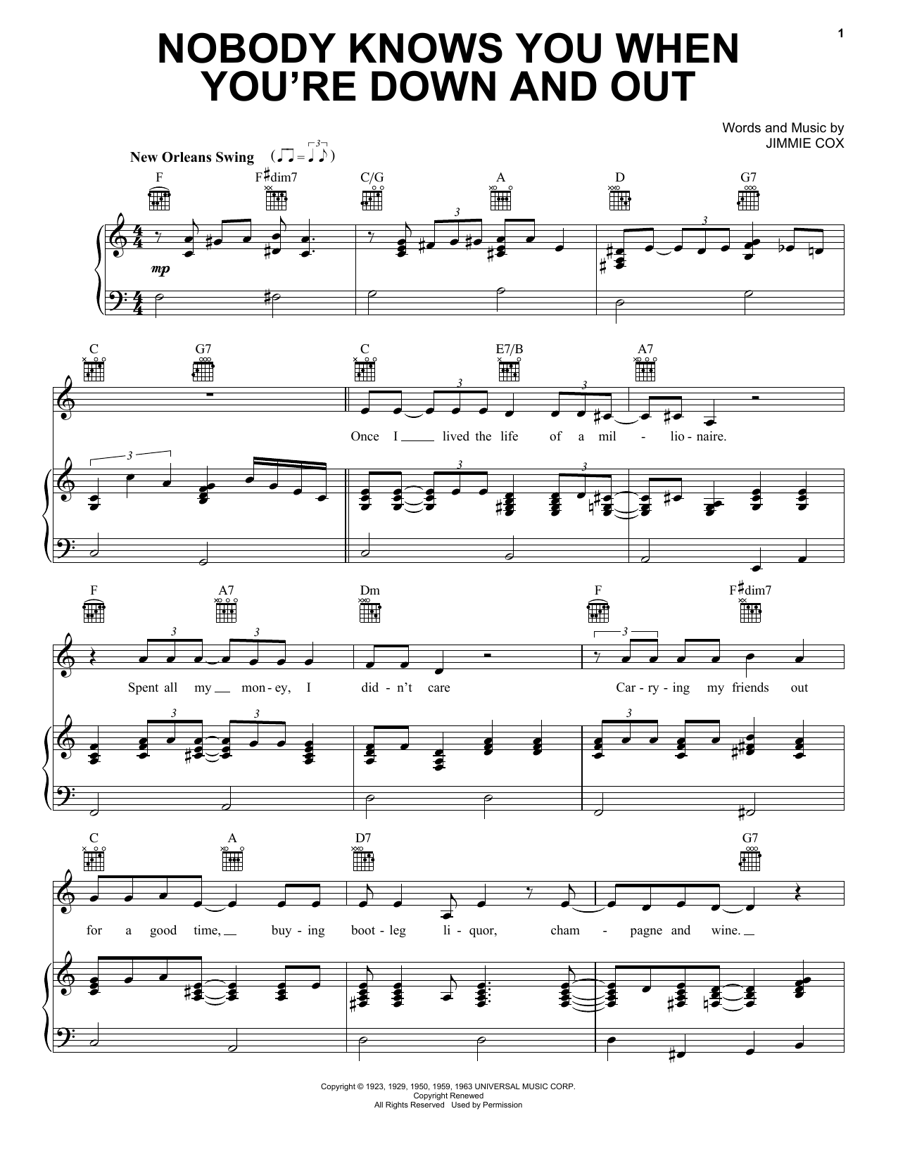 Janis Joplin Nobody Knows You When You're Down And Out (from the musical A Night With Janis Joplin) sheet music notes and chords. Download Printable PDF.