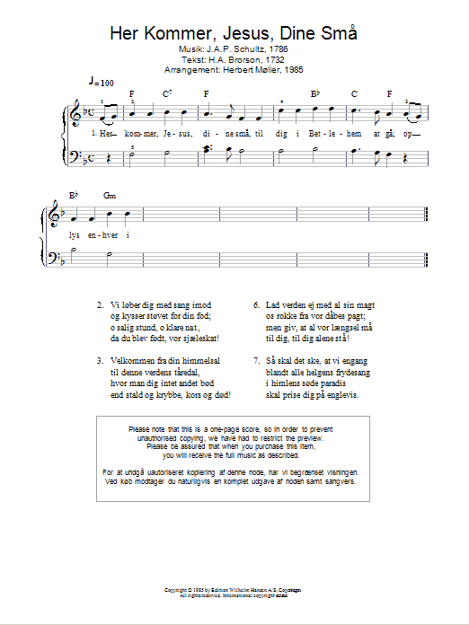 J.A.P. Schulz Her Kommer, Jesus, Dine Små sheet music notes and chords arranged for Piano Solo