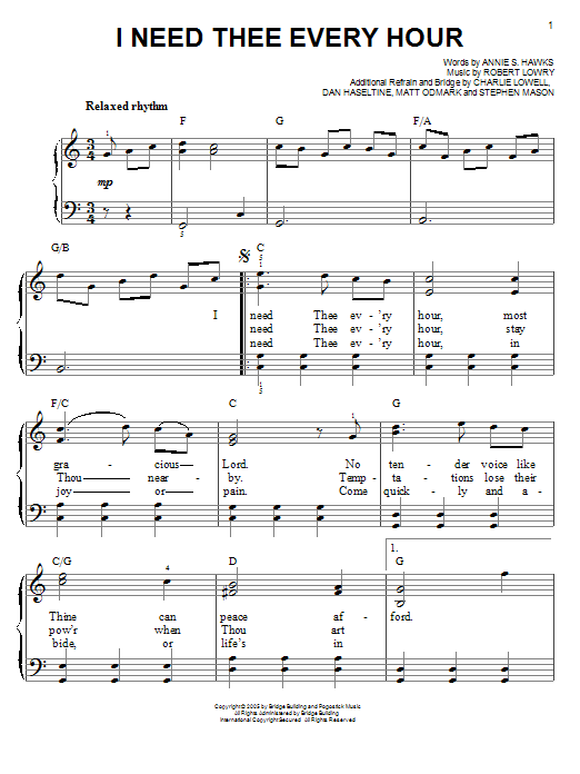 Learn to play Jars Of Clay I Need Thee Every Hour sheet music for Easy Piano in minutes. Price: 6.9900$ Jars Of Clay I Need Thee Every Hour sheet music notes and chords arranged for Easy Piano
