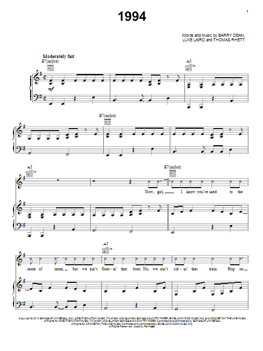 Learn to play Jason Aldean 1994 sheet music for Piano, Vocal & Guitar Chords (Right-Hand Melody) in minutes. Price: 7.8900$ Jason Aldean 1994 sheet music notes and chords arranged for Piano, Vocal & Guitar Chords (Right-Hand Melody)