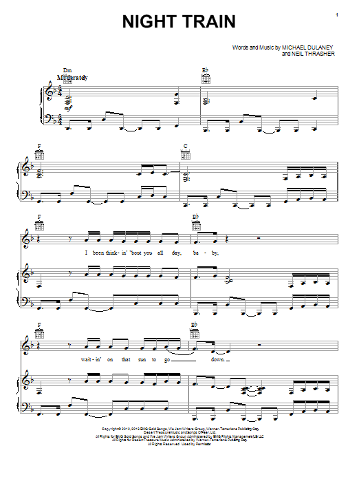 Learn to play Jason Aldean Night Train sheet music for Piano, Vocal & Guitar Chords (Right-Hand Melody) in minutes. Price: 7.8900$ Jason Aldean Night Train sheet music notes and chords arranged for Piano, Vocal & Guitar Chords (Right-Hand Melody)
